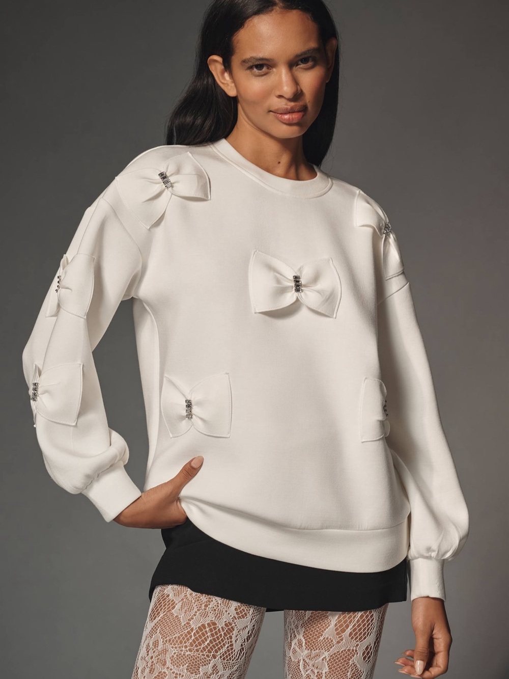 Maeve Embellished Bow Sweatshirt Top - White